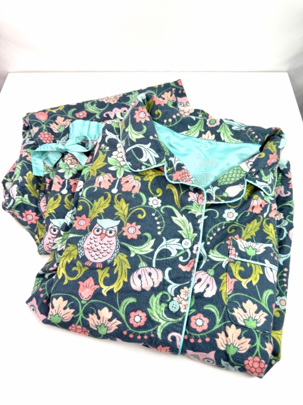 Nick & Nora Blue Green Owl Flannel Cotton Pajama XL Set
